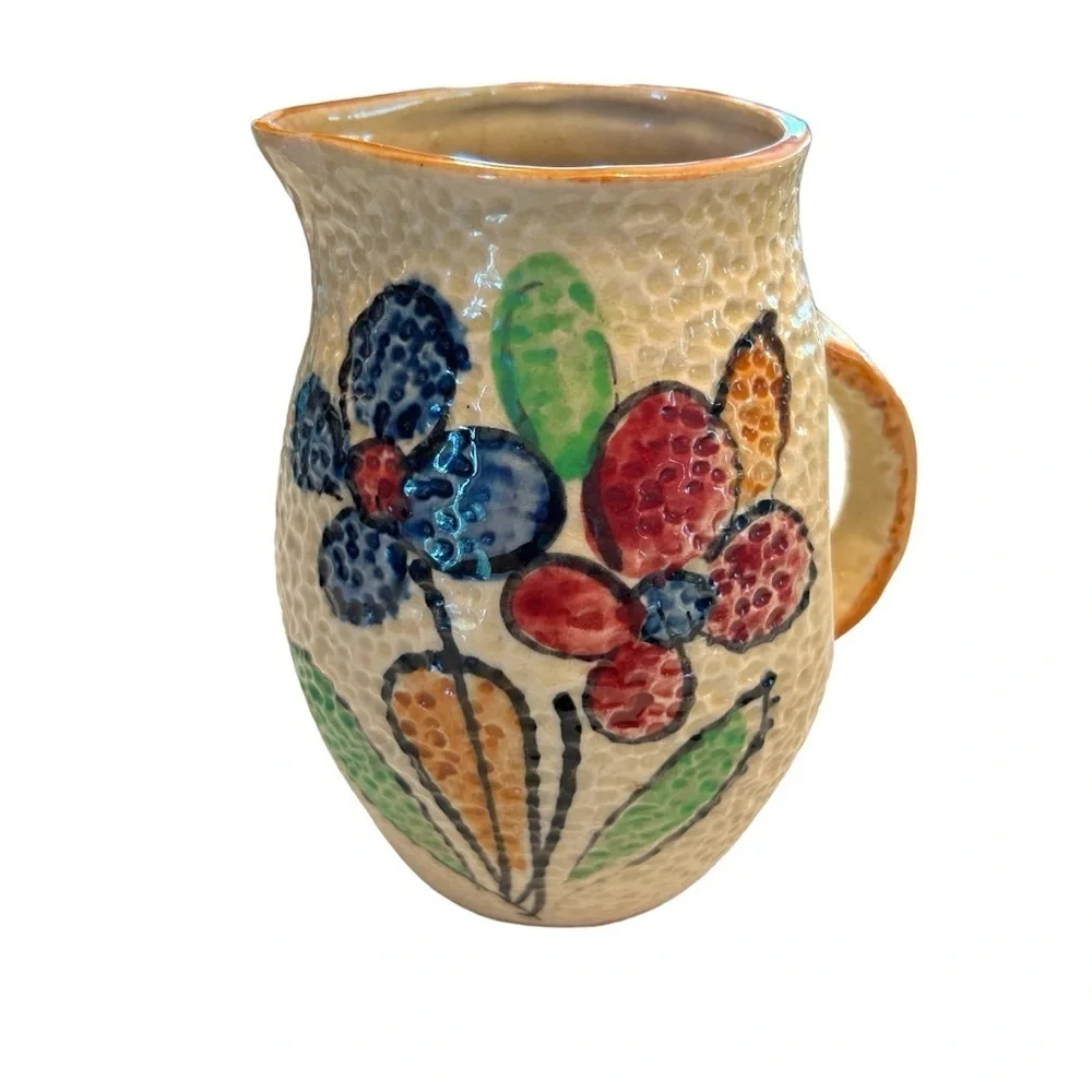 Vintage Floral Pottery Pitcher Made in Japan Textured Orange Peel Surface